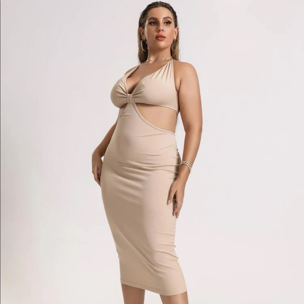 Fashion Nova Curve Plus size tan cutout halter nude midi dress